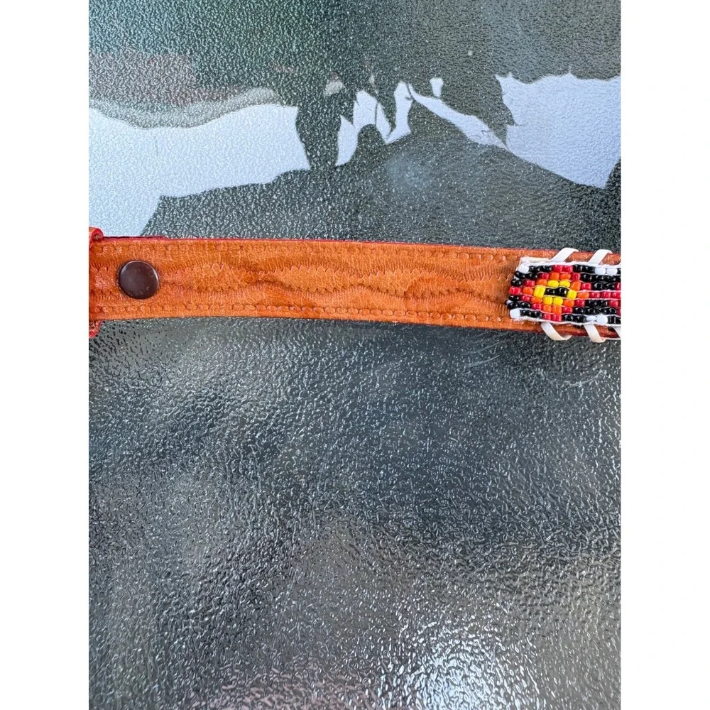 Beaded Leather Western‎ Belt Hand Loomed Laced Cowhide Size 38 Southwestern Red